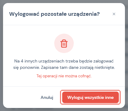 Okno Wylogować pozostałe urządzenia? z przyciskami Anuluj i Wyloguj wszystkie inne