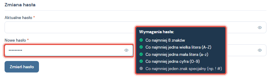 Formularz zmiany hasła z dymkiem Wymagania hasła, który odhacza spełnione warunki