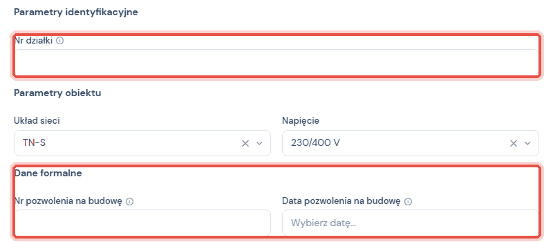 Formularz obiektu z polami Nr działki oraz Nr i Data pozwolenia na budowę