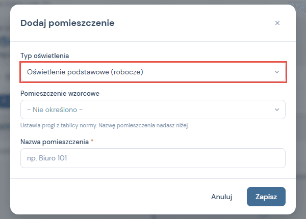 Okno Dodaj pomieszczenie z zaznaczonym polem Typ oświetlenia