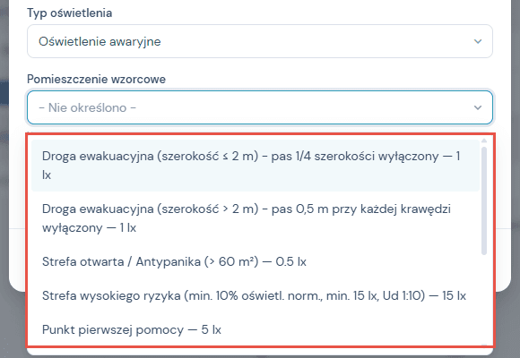 Lista dróg ewakuacyjnych wzorcowych z wartościami natężenia z normy