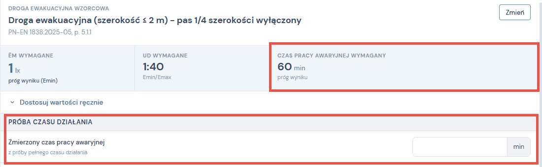 Trzeci próg oświetlenia awaryjnego i sekcja Próba czasu działania