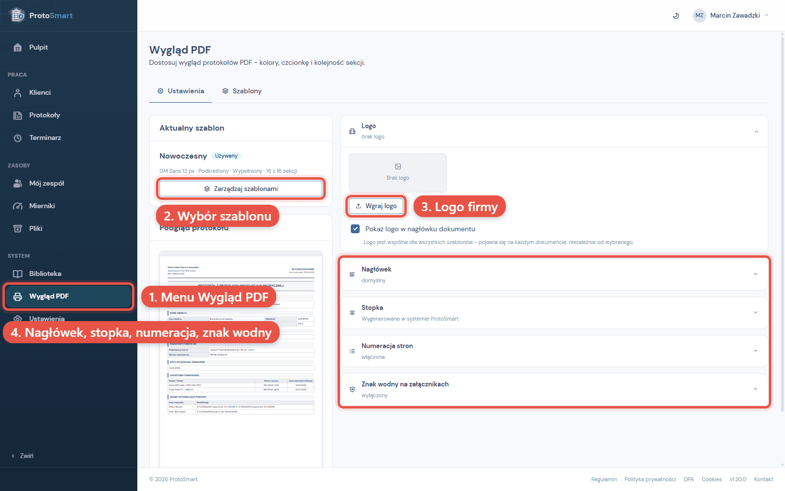 Ekran Wyglad PDF: wybor szablonu, logo i sekcje dokumentu