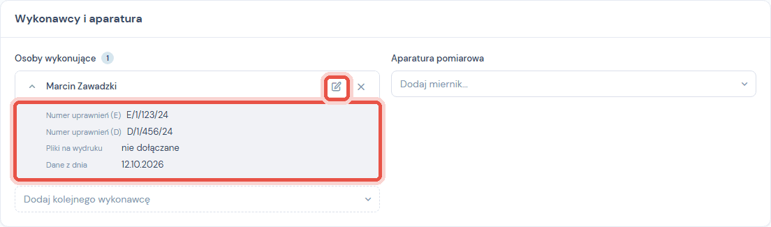 Rozwinięty wykonawca w protokole: numery uprawnień, pliki na wydruku i data Dane z dnia