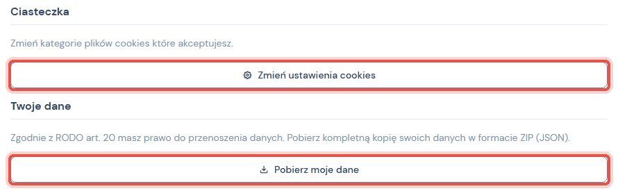 Zakładka Prywatność: przyciski Zmień ustawienia cookies i Pobierz moje dane