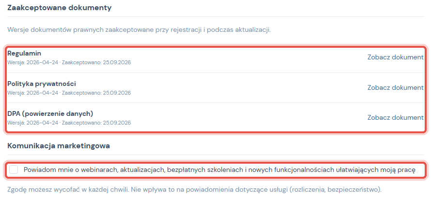 Profil, zakładka Prywatność: zaakceptowane dokumenty z wersją i datą oraz zgoda marketingowa