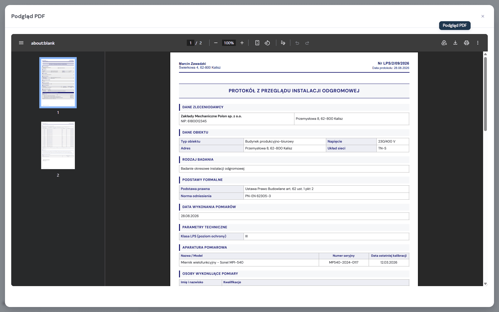 Podgląd gotowego protokołu PDF w aplikacji ProtoSmart