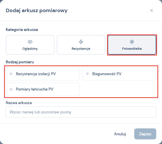 Okno Dodaj arkusz pomiarowy przy stringu DC: kategoria Fotowoltaika z trzema arkuszami