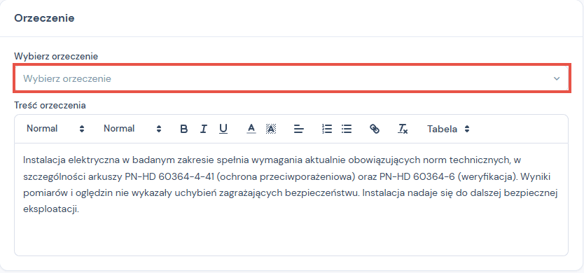 Karta Orzeczenie z wyborem wzorca i treścią orzeczenia