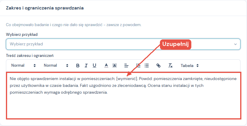 Wstawiony przykład z miejscem [wymienić] do uzupełnienia