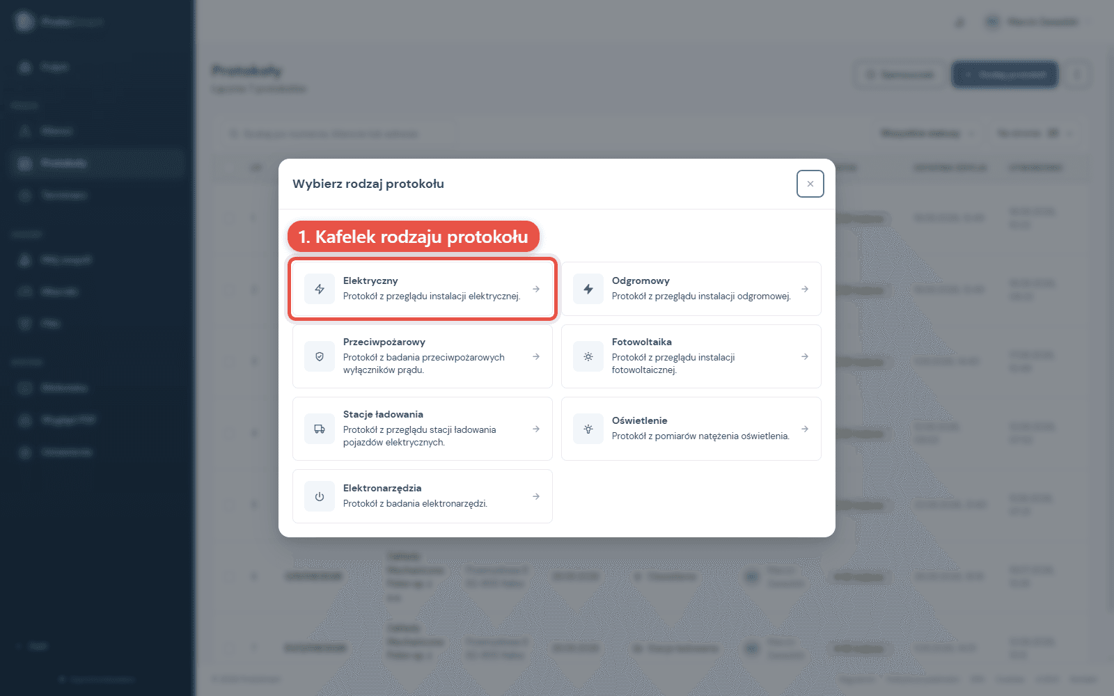 Okno wyboru rodzaju protokolu z zaznaczonym kafelkiem