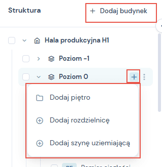 Drzewo struktury: przycisk Dodaj budynek, plus przy piętrze i menu Dodaj piętro, Dodaj rozdzielnicę, Dodaj szynę uziemiającą