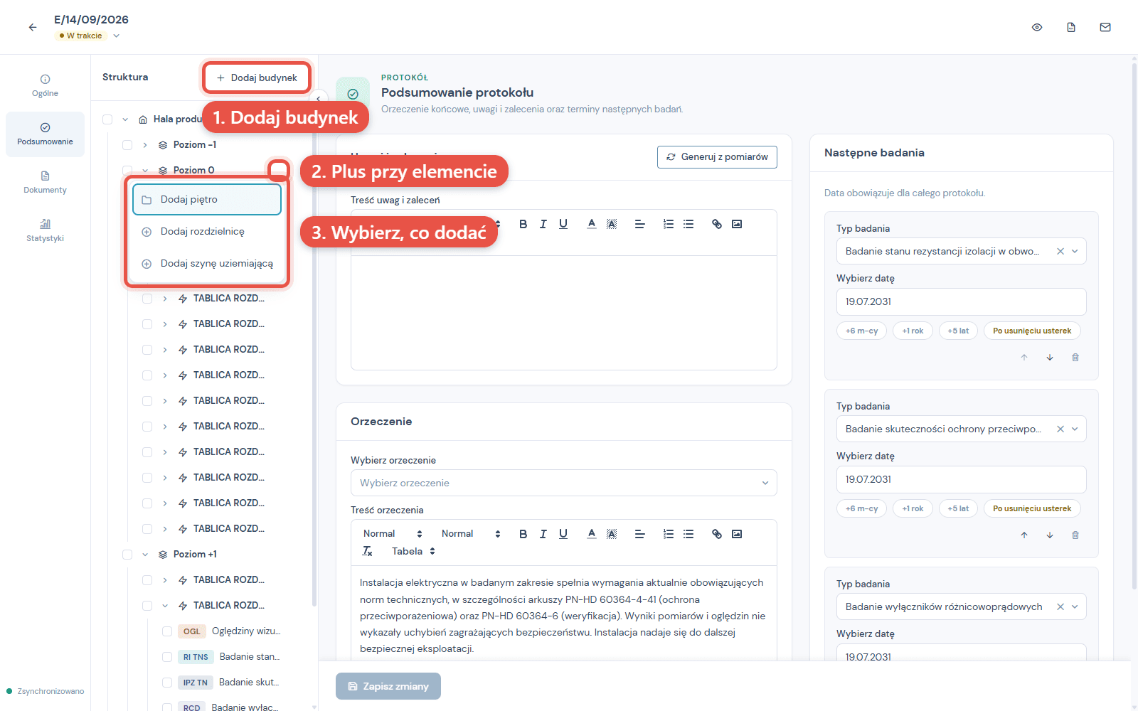 Drzewo struktury: Dodaj budynek, przycisk plus i menu wyboru elementu