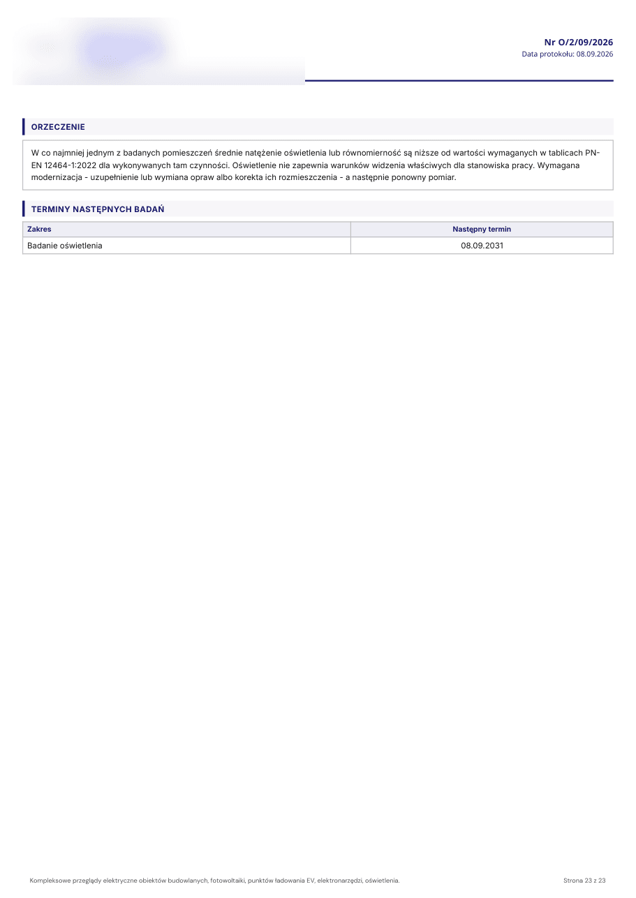 Strona 23 wzorcowego protokolu z pomiarow oswietlenia (ProtoSmart)