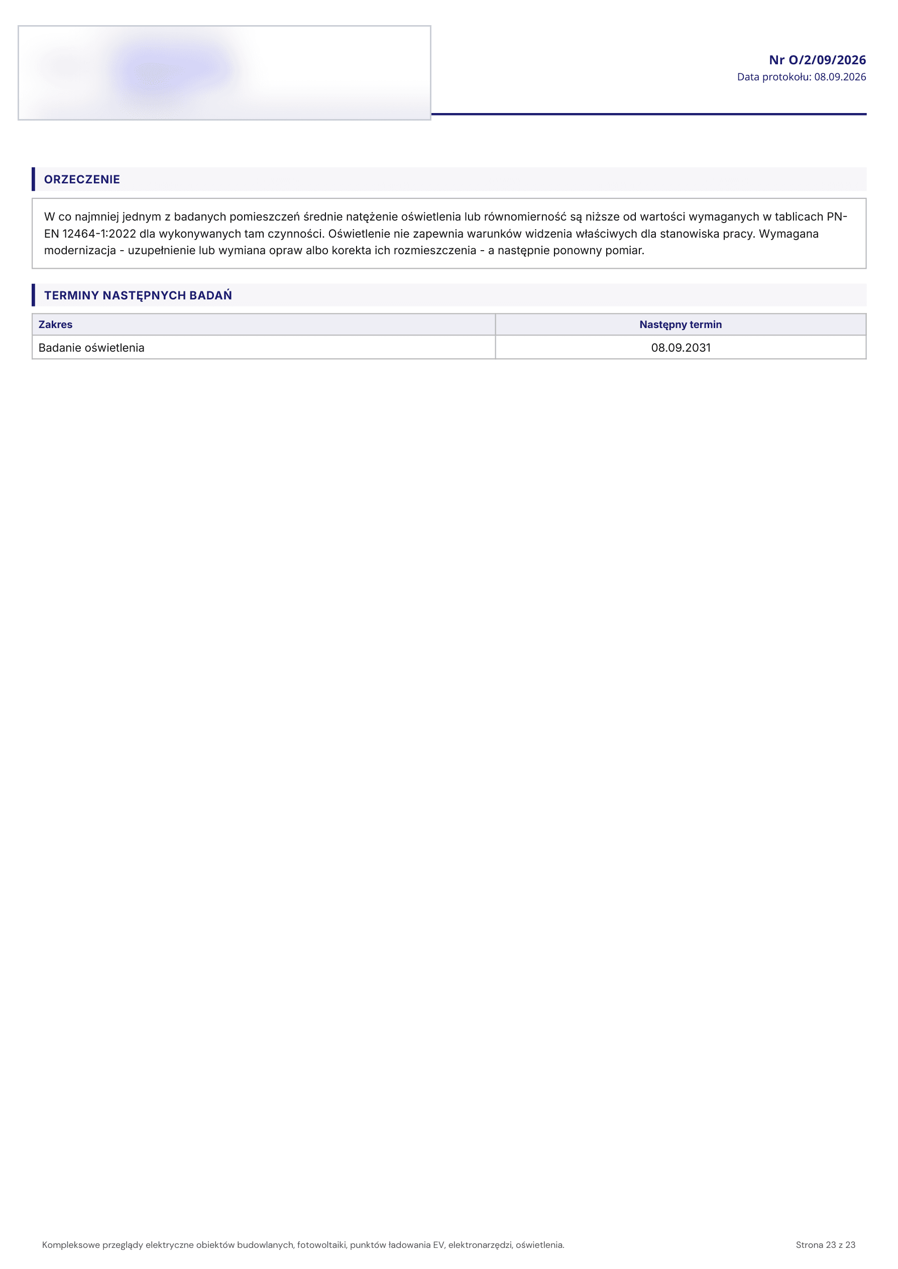 Strona 23 wzorcowego protokolu z pomiarow oswietlenia (ProtoSmart)