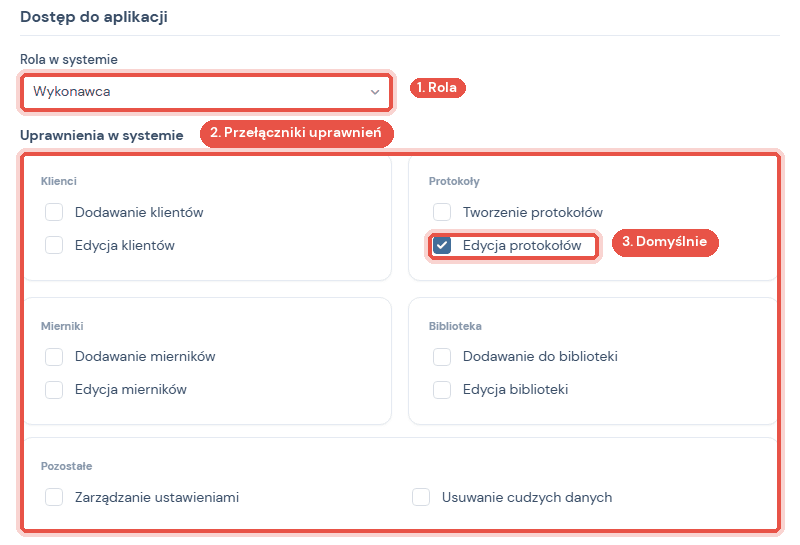 Część Dostęp do aplikacji: rola w systemie i przełączniki uprawnień wykonawcy